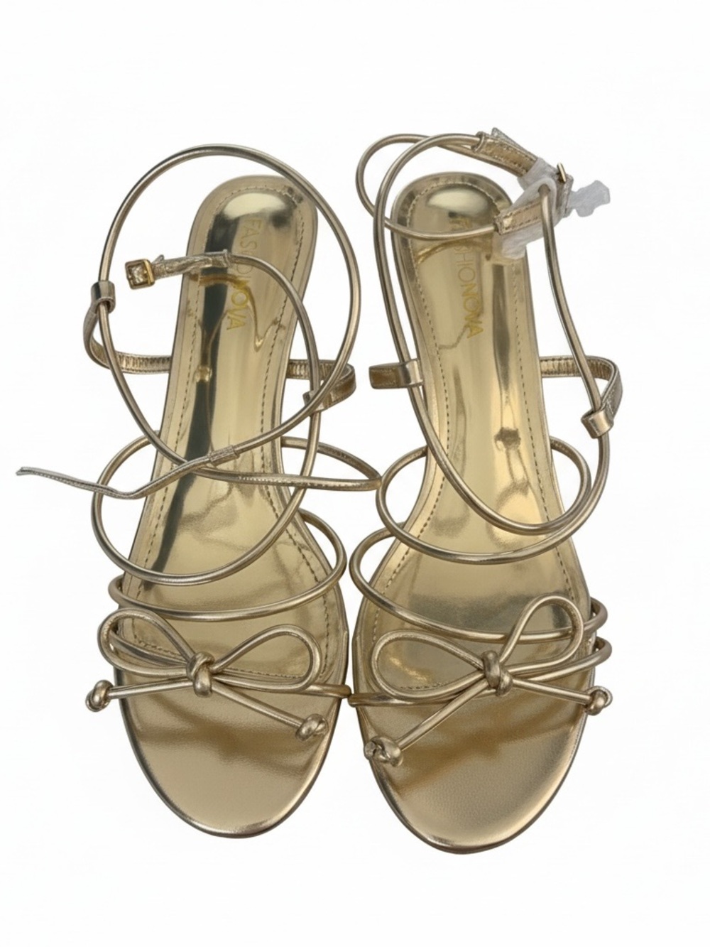 Fashion Nova Gold Metallic Strappy Bow Heels
